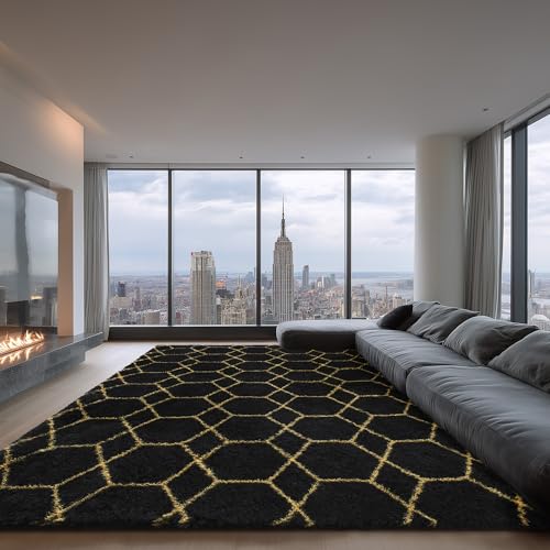 Black and Gold 8x10 Shag Rug - Soft Faux Fur Geometric Area Rug for Living Room - Variation of THIS listing