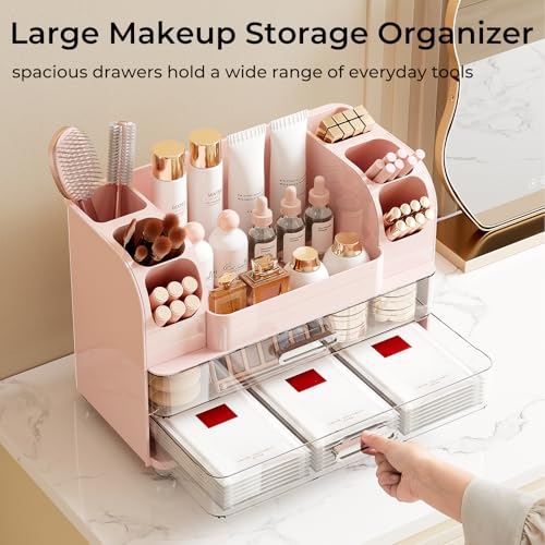 Makeup Organizer for Vanity with 2 Large Drawers, Cosmetic Display Case with Brush Holders, Easy to Storage for Bathroom Countertop Skincare, Perfume, Pink