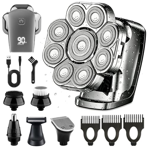 6-in-1 Men's Bald Head Shaver 9D Floating Skull Razor Waterproof Rechargeable