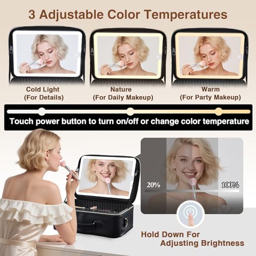 Large Makeup Bag with LED Mirror - Travel Cosmetic Train Case for Makeup Artists, Black
