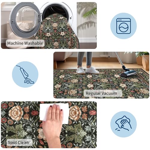 GarveeHome Forest Green Floral Area Rug 9x12 for Living Room & Bedroom, Washable Non-Slip Floor Mat