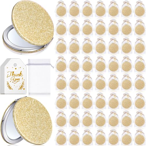 60 Champagne Compact Magnifying Mirrors Gift Set with Thank You Cards & Rope - Bridal & Wedding Party Favors