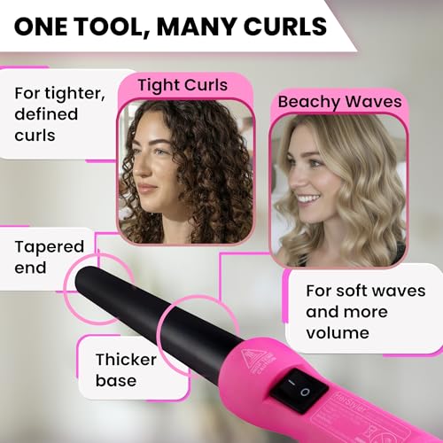 HerStyler Grande Ceramic Curling Iron - 1 Inch Pink Tapered Barrel, Dual Voltage, Negative Ions