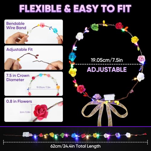 Chicloop 50 pcs LED Flower Crowns Headbands with Ribbons for Women & Kids