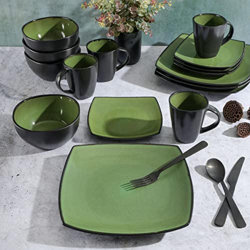 Gibson Soho Lounge 16-Piece Dinnerware Set for 4, Green - Modern Square Stoneware
