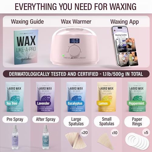 Tress Wellness Waxing Kit for Sensitive Skin ? Safe for Face & Skin, Prep & Aftercare Spray, Easy to Use ? At-Home Kit for Face, Bikini, Brazilian & Full Body - Digital Display, Pink
