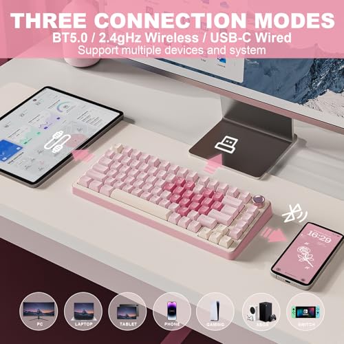 Wireless Mechanical Keyboard 75% Gasket Mount RGB with Multimedia Knob - Pink, Cocoa Cream V2 Switch