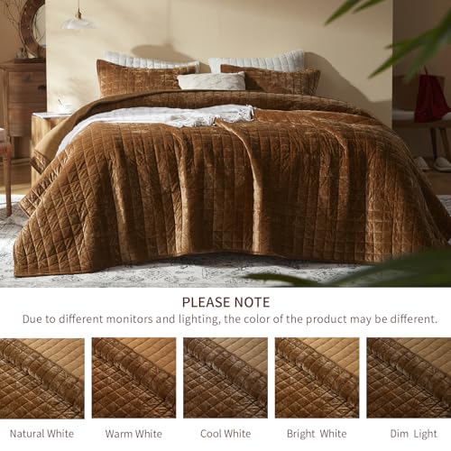 King Size Caramel Velvet Quilt Set with 2 Pillow Shams - All Season Bedding
