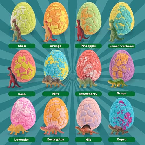 Bath Bombs for Kids with Surprise Toys Inside - 12 Pack Natural and Organic Dinosaur Bath Bombs Gift Set, Handmade Organic Bubble Bath Fizzies, Perfect Christmas Birthday Gifts for Kids