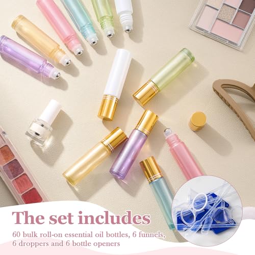 Hushee 60 Pack 10ml Roll on Bottles Set - 6 Color Glass Essential Oil Roller Bottles Empty with Funnels, Droppers & Openers, Leak-proof Stainless Steel Balls for Aromatherapy, Perfume DIY & Lip Balm
