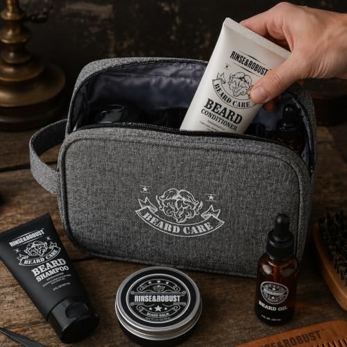 Sandalwood Beard Grooming Kit for Men - Travel Set with Oil & Balm, Toiletry Bag, Holiday Gift
