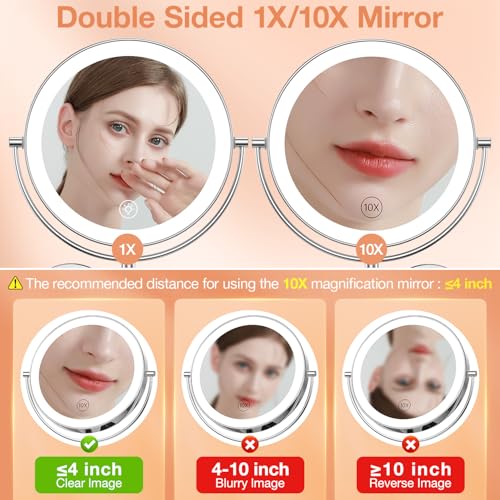 Benbilry 9" Large Wall Mounted Lighted Makeup Mirror, 1X/10X Magnifying 2-Sided AC Plug-in Powered Bathroom Mirror with 3 Color Lights, Touch Dimmable, Extended Arm 360¡Æ Rotation, Chrome