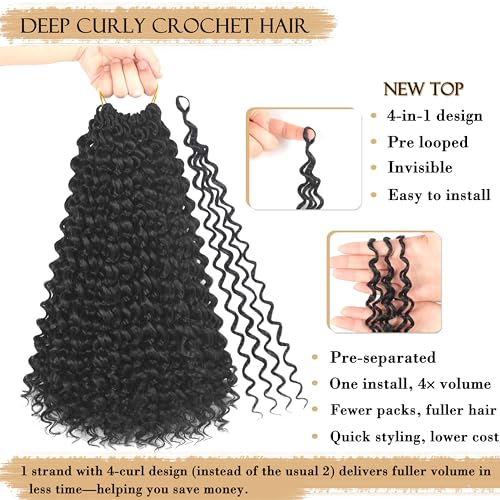 12 Inch Curly Crochet Hair for Black Women - 4-in-1 Deep Wave Pack of 7 - 1B