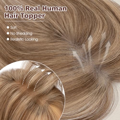 Rich Choices Human Hair Topper with Side Bangs, 11 Inch, Medium Brown Highlight Dark Blonde, Remy Toppers for Women