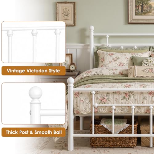 White Full Size Metal Platform Bed Frame with Headboard Victorian Style