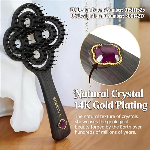 Simetra Detangler Hair Brush for Women & Men - Brown-Purple, Natural Boar Bristles, Crystal & Gold Finish