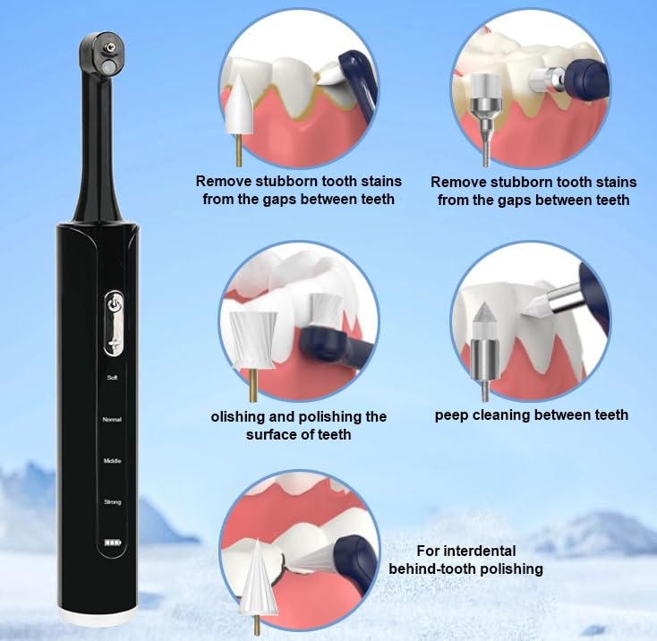 Tooth Polisher and Plaque Remover, Electronic Tooth Polishing Kit for Daily Cleaning Whitening, Rechargeable Dental Teeth Polisher with LED Light, 6 Polish Pastes, 5 Brush Heads, 4 Speed Modes