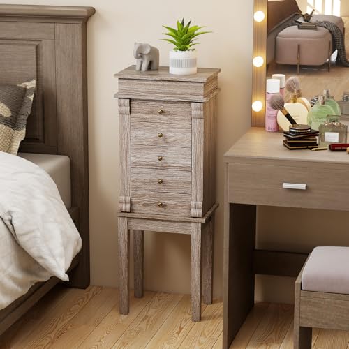 GIANTEX Standing Jewelry Cabinet with Flip Top Mirror & Light Gray Oak Finish