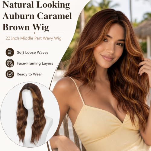 Auburn Caramel Brown Wigs for Women 22 Inch Middle Part Wavy Synthetic Wig - Variation of THIS Listing