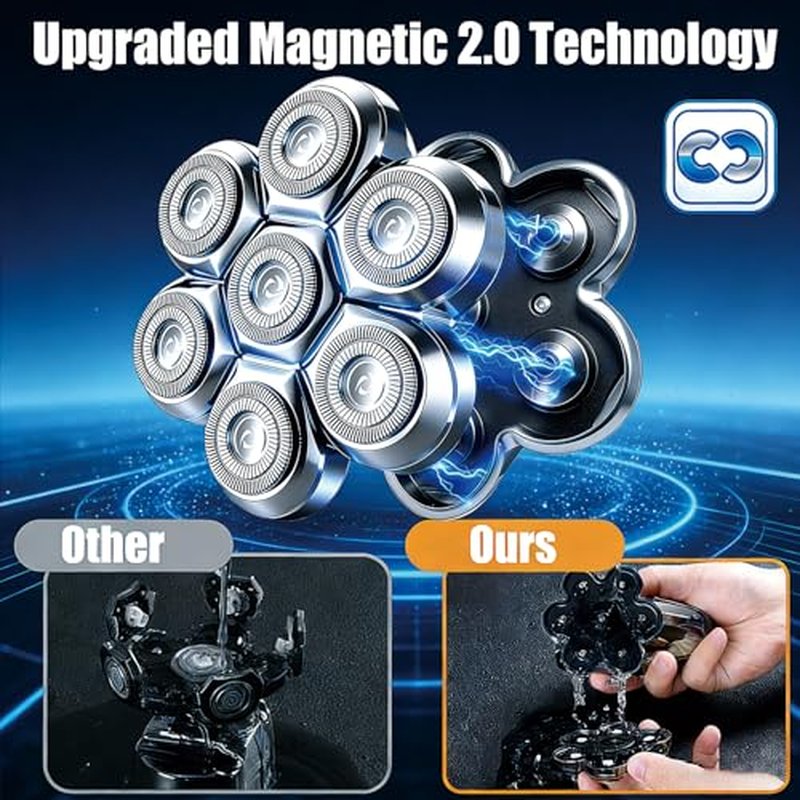 7-Blade Magnetic Shaver Head Replacement for Freebird Head Shave Bald Men - Universal Fit for Most Brand Shavers, Head & Face Grooming (Silver/3Pack)