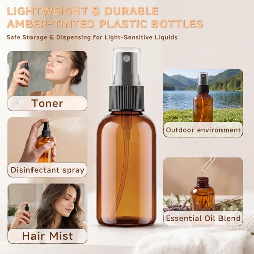 48 Pack Travel Size Amber Spray Bottles - Fine Mist Plastic Refill Sprays for Hair, Skin, Plants & More