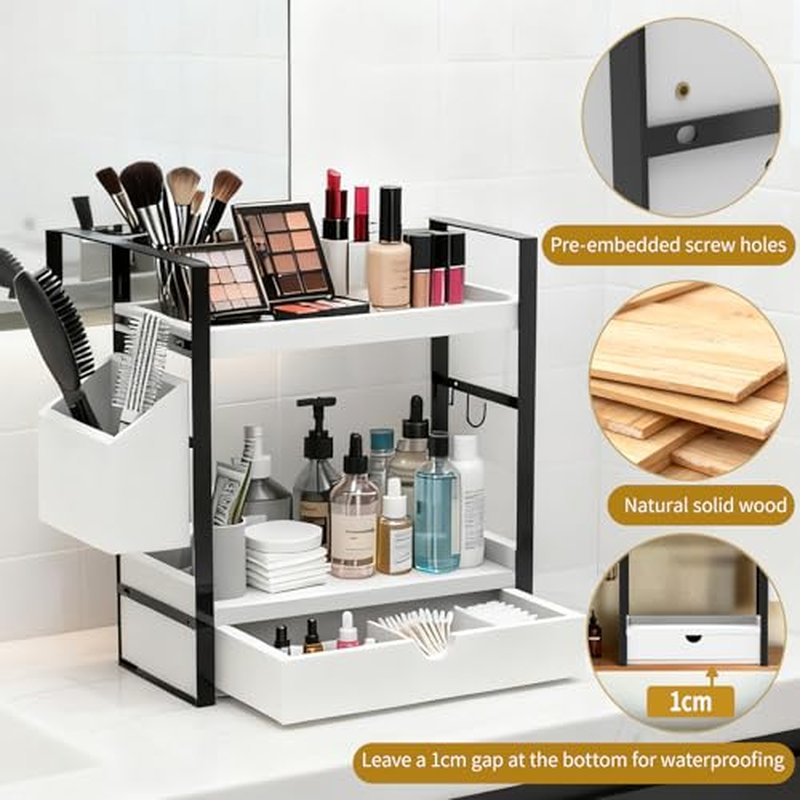 2-Tired Bathroom Counter Organizers and Storage, Bathroom Countertop Organizer with Drawer, Solid Wood Skincare Perfume Organizer for Vanity Kitchen Corner Shelf Office Countertop (White)