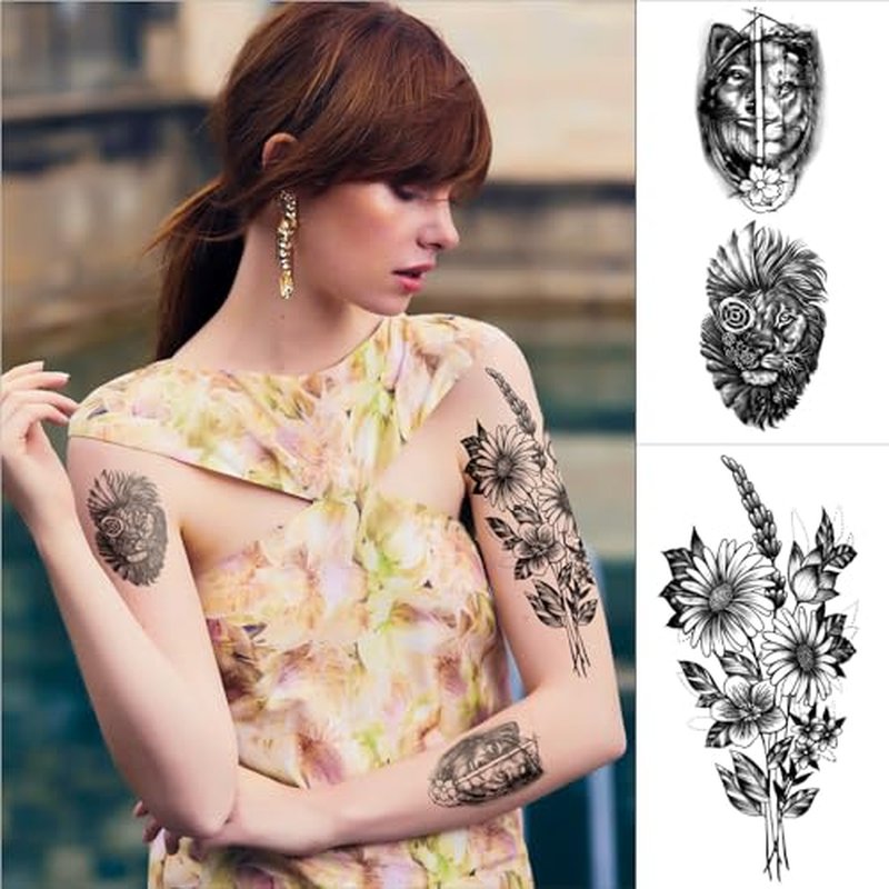 Full Arm Sleeve Temporary Tattoos for Men Women, 46 Sheets Fake Tattoos for Adults, Realistic Lion, Wolf, Eagle, Deer, Flower, Clock, Skeleton Design for Party Concert Daily Accessories