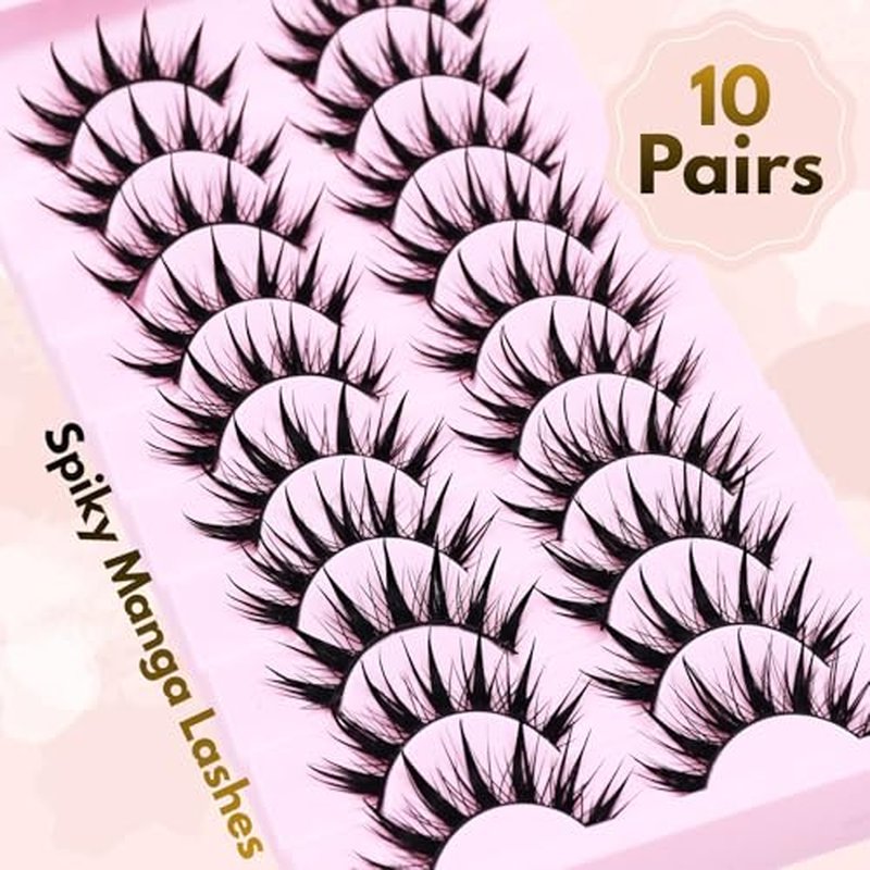 Anime Manga Style Cat Eye False Eyelashes 10 Pairs Wet Look C-Curl Spiky Makeup Lashes with Cotton Band for Cosplay, Daily Wear & Party