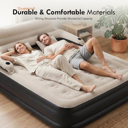 Queen Air Mattress with Headboard and Pump - Inflatable Bed with Pillows