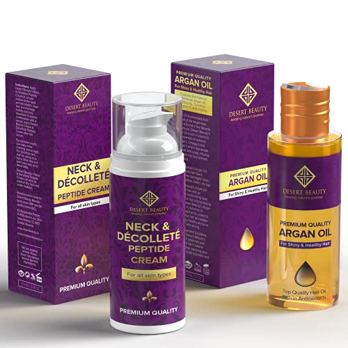 Neck Firming Cream (3.38 oz) + Argan Oil (4 oz) Bundle - Advanced Formula for Tightening & Lifting Sagging Skin + Moroccan Oil for Hair Treatment for Dry Damaged Hair