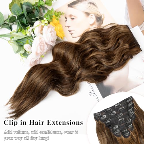 Clip-In Hair Extensions 8PCS 20 Inch Wavy Dark Brown & Light Brown Mix - Synthetic Lace Weft for Women