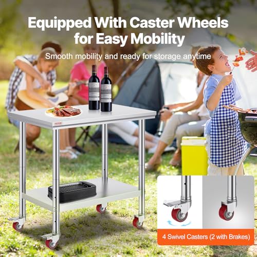 Stainless Steel Work Table 36x24 Inch with Casters - Heavy Duty Food Prep Table for Commercial Kitchen - Variation of Worktable