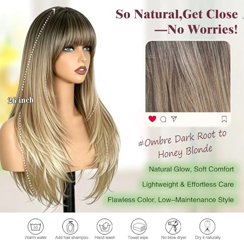 Ombre Blonde Wig with Bangs, Long 26 Inch Layered Synthetic Wig - Dark Root to Honey Blonde, Variation #Ombre Dark Root to Honey Blonde / 26 Inch