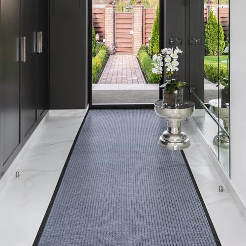 GOOFCXO 3x16.4 ft Outdoor Runner Rug Double Stripes Waterproof Non-Slip Hallway Mat Grey