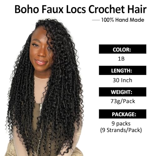 Prelooped Boho Faux Locs Crochet Hair - 1B# Natural Black, 30 Inch, 9 Pack