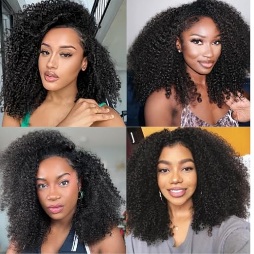 Afro Kinky Curly Hair Bundles 12 14 16 Inch - Natural Color, 3 Bundles with Cap & Eyelashes - Variation of Afro Kinky Curly Bundles 1B/12/14/16 Inch