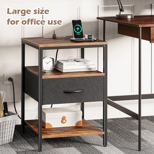 Nightstand with Charging Station L - Rustic Brown & Black, 15.7”D x 17.7”W x 27.7”H