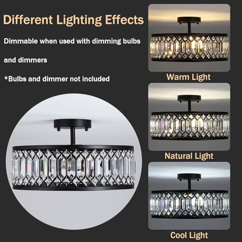16-inch Black Crystal Ceiling Light with 3 E26 Sockets Modern Semi-Flush Mount Fixture for Living Room Bedroom Kitchen