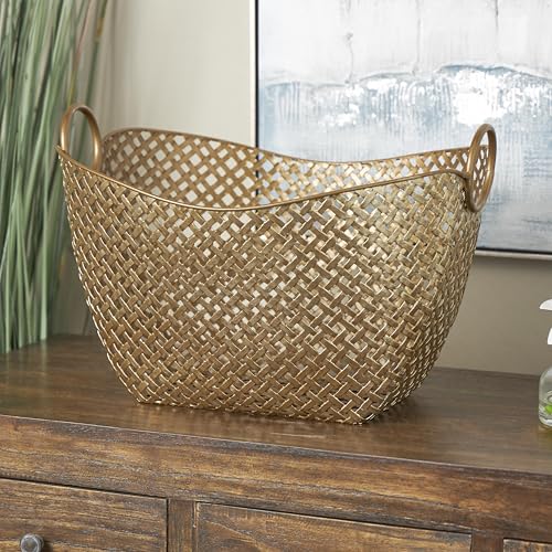 Gold Metal Storage Basket - Handmade Woven Organizer with Handles, 17 x 13 x 11 Inches