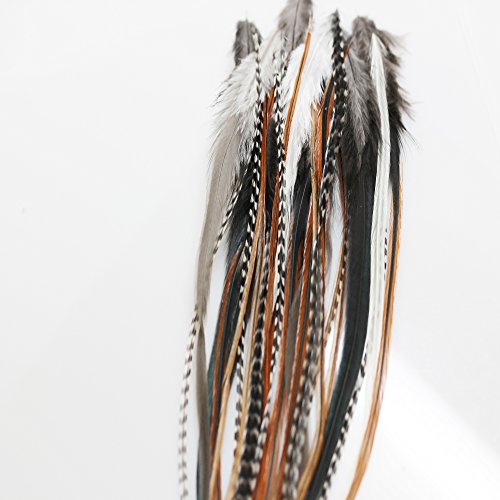 Sexy Sparkles Feather Hair Extensions - Natural Beige & Brown, 25 Loose Feathers, 8-12 Inches with Micro Beads