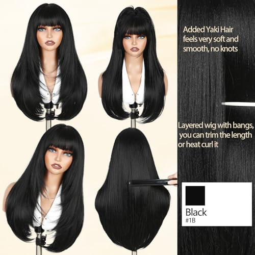 WIGNEE Natural Black Long Straight Layered Wig with Bangs for Women