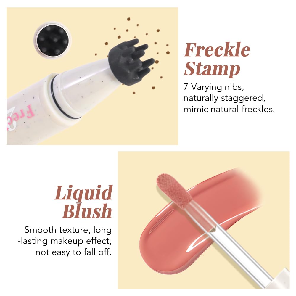 Freckle Blush Pen,2 in 1 Double-ended Waterproof Long Lasting Ultra-Blendable Quick Dry Coffee Freckle Stamp Pencil and Orange Liquid Blush for Natural Face Makeup,Vegan & Cruelty -free
