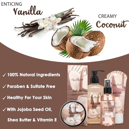Spa Baskets For Women - Luxury Bath Set With Coconut & Vanilla - Spa Kit Includes Wash, Bubble Bath, Lotion, Bath Salts, Body Scrub, Body Spray, Shower Puff, Bathbombs, Soap and Towel
