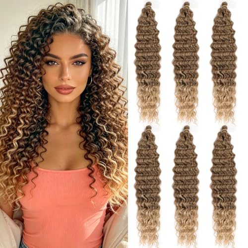 MAYSA 22 Inch Deep Wave Crochet Hair Extensions - 6 Pack Brown Blonde Mix, Synthetic Curly Hair for Women