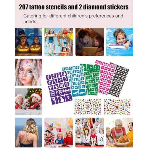 Temporary Glitter Tattoos Kit for Kids 48 Colors 6 Fluorescent 207 Stencils 2 Diamond Stickers 3 Glue 5 Brushes Arts Make Up Kit Party Christmas Halloween