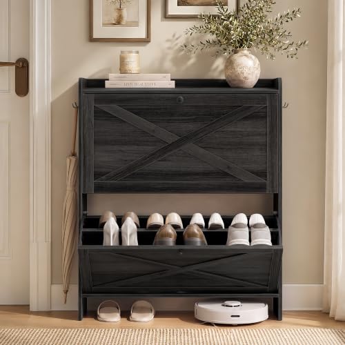 VASAGLE Narrow Shoe Storage Cabinet Organizer with 2 Flip Drawers - Smoky Black