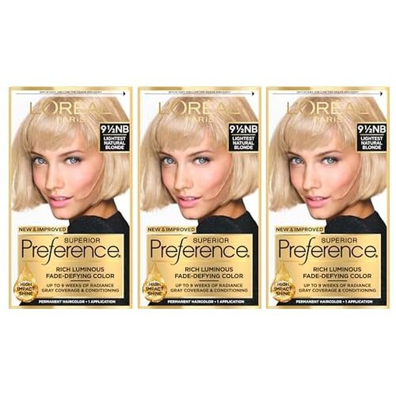L'Oreal Paris Superior Preference Luminous Fade-Defying Permanent Hair Color, Hair Dye For Up to 9 Weeks of Radiance, Lightest Natural Blonde 9.5NB, 1 Hair Dye Kit (Pack of 3)