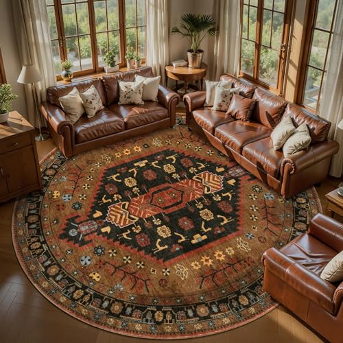8ft Round Area Rug for Living Room and Bedroom - Soft Boho Carpet with Anti-Slip Back - Red and Gold Variation