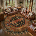8ft Round Area Rug for Living Room and Bedroom - Soft Boho Carpet with Anti-Slip Back - Red and Gold Variation