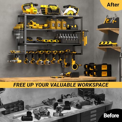 Heavy Duty Power Tool Wall Organizer Rack for 10 Cordless Drills - Extra Tall 4 Layer Storage Shelf